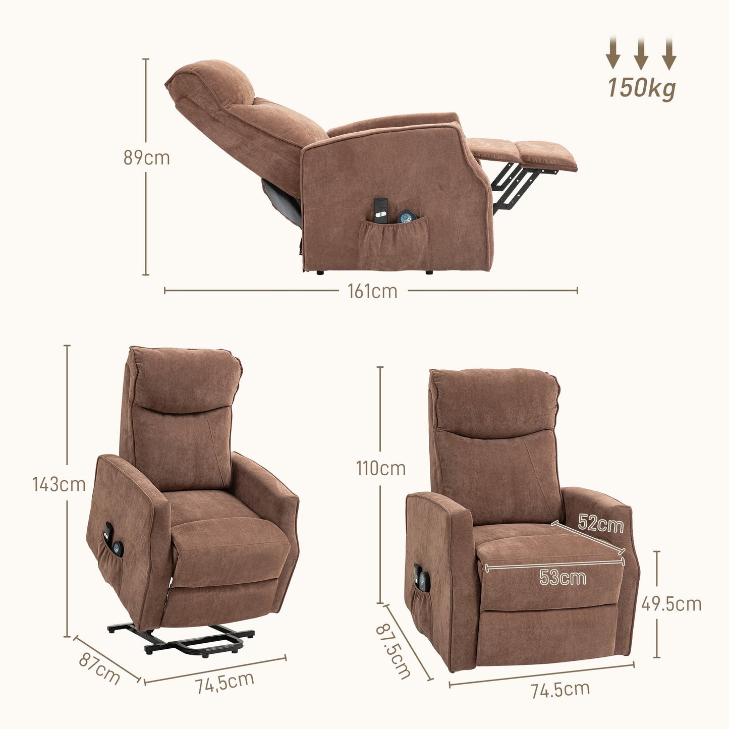 Lift Relax Chair with 8 Massage Points, 135° Reclining and 2 Remote Controls, Brown