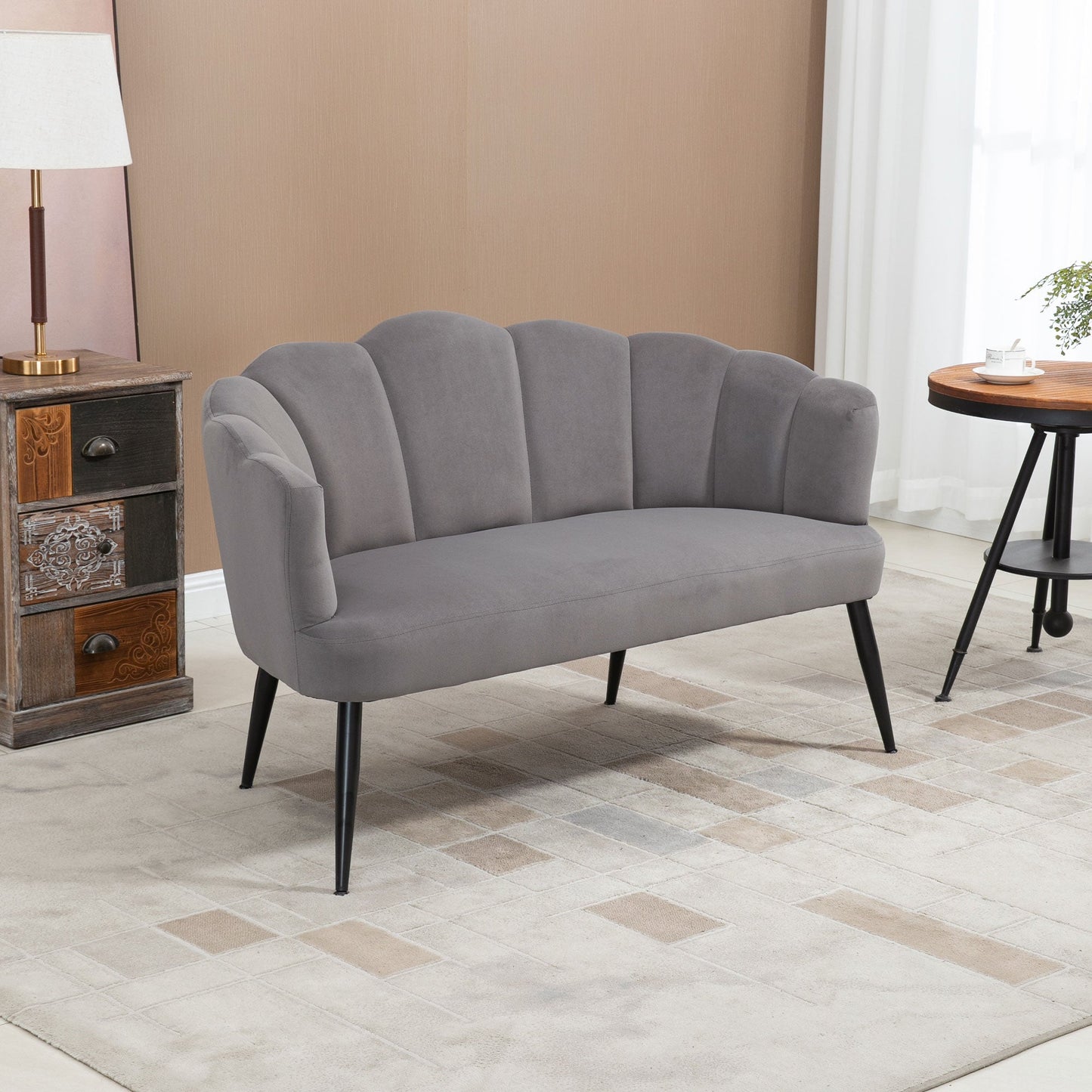 MADISON | 2 Seater Velvet Sofa with Metal Legs and Shell Backrest, 132x66x80cm, Grey