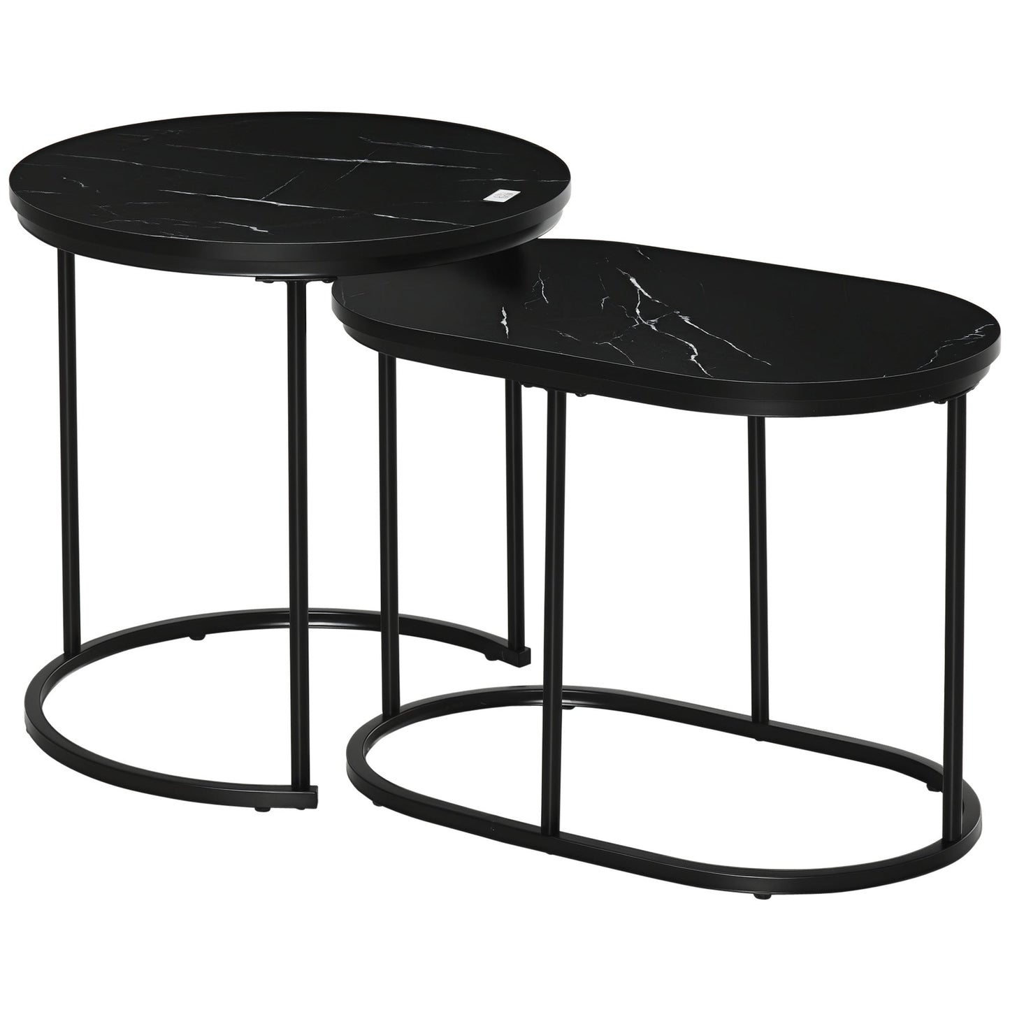 Set of 2 Coffee Tables with Marble Effect Top, in Wood and Steel, Ø50x50.5 cm and 60x36x43.5 cm, Black