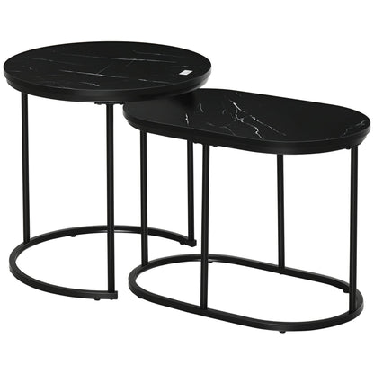 Set of 2 Coffee Tables with Marble Effect Top, in Wood and Steel, Ø50x50.5 cm and 60x36x43.5 cm, Black