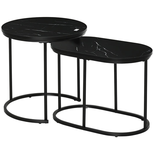 Set of 2 Coffee Tables with Marble Effect Top, in Wood and Steel, Ø50x50.5 cm and 60x36x43.5 cm, Black