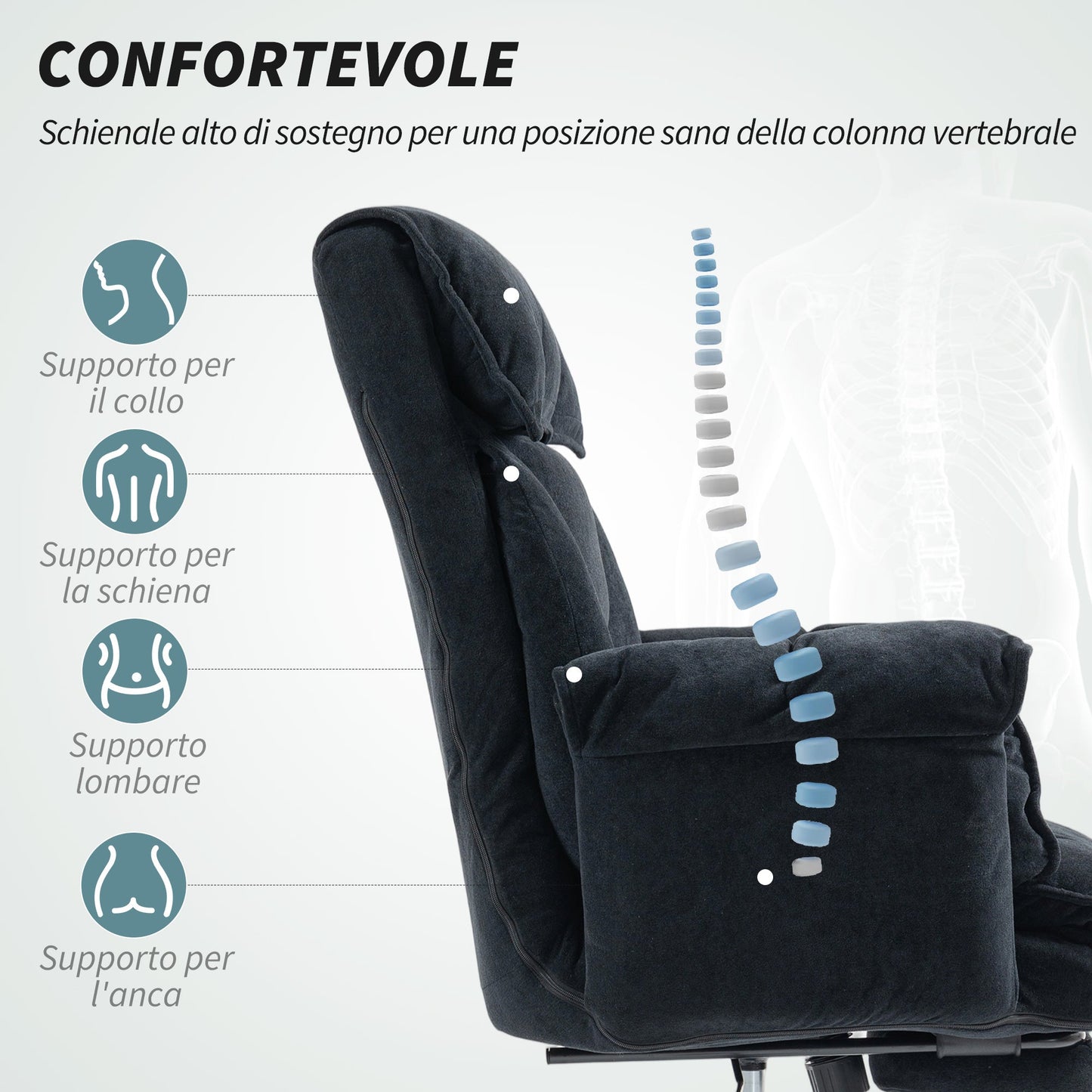 Reclining Office Chair with Footrest, High Back, Adjustable Height and Wheels, Black