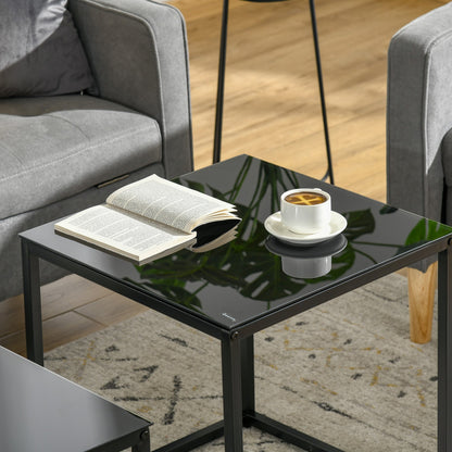Set of 2 Modern Square Coffee Tables, in Steel and Tempered Glass, Black