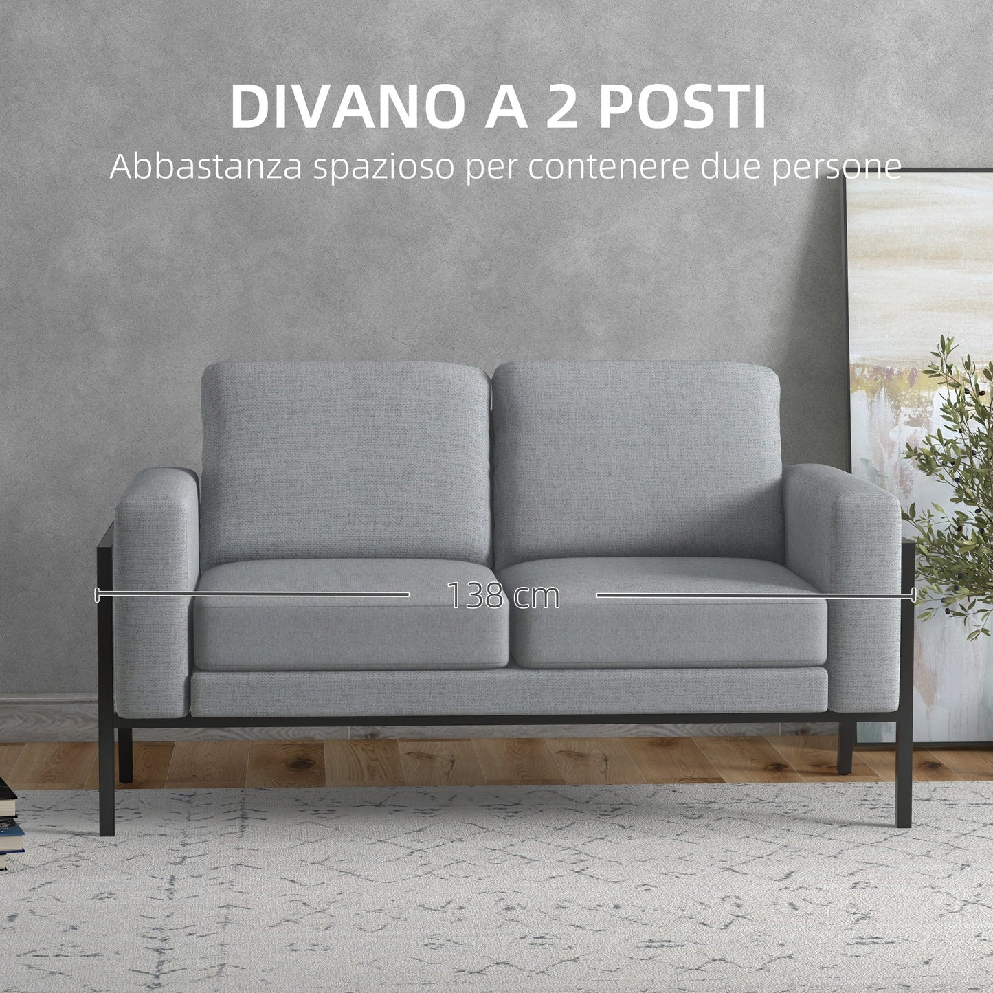 2 Seater Sofa in Linen Effect Fabric with Steel Legs and Padded Cushions, 138x70x83.5 cm, Grey