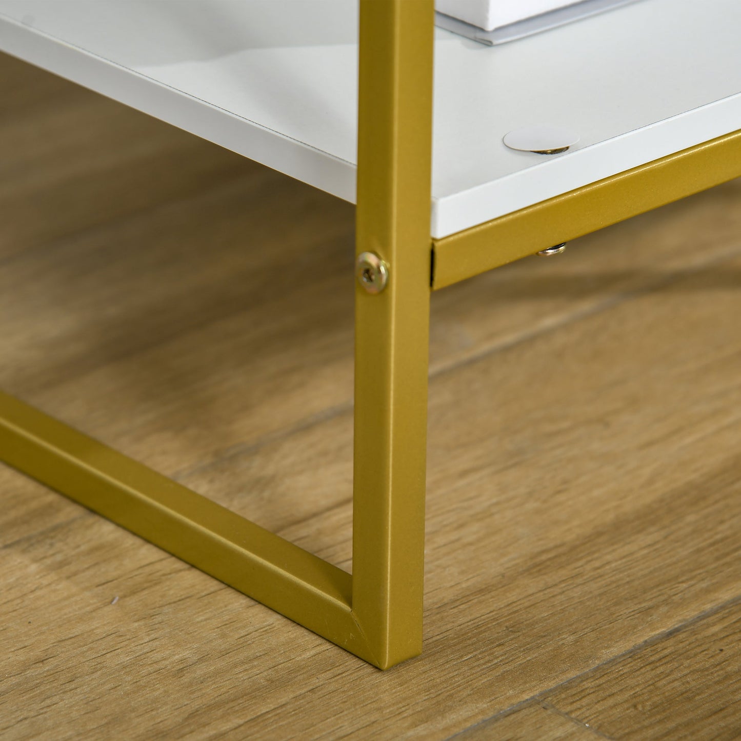 Set of 2 Modern Bedside Tables with Drawer and Open Shelf in MDF and Steel, 45x40x60cm, White and Gold
