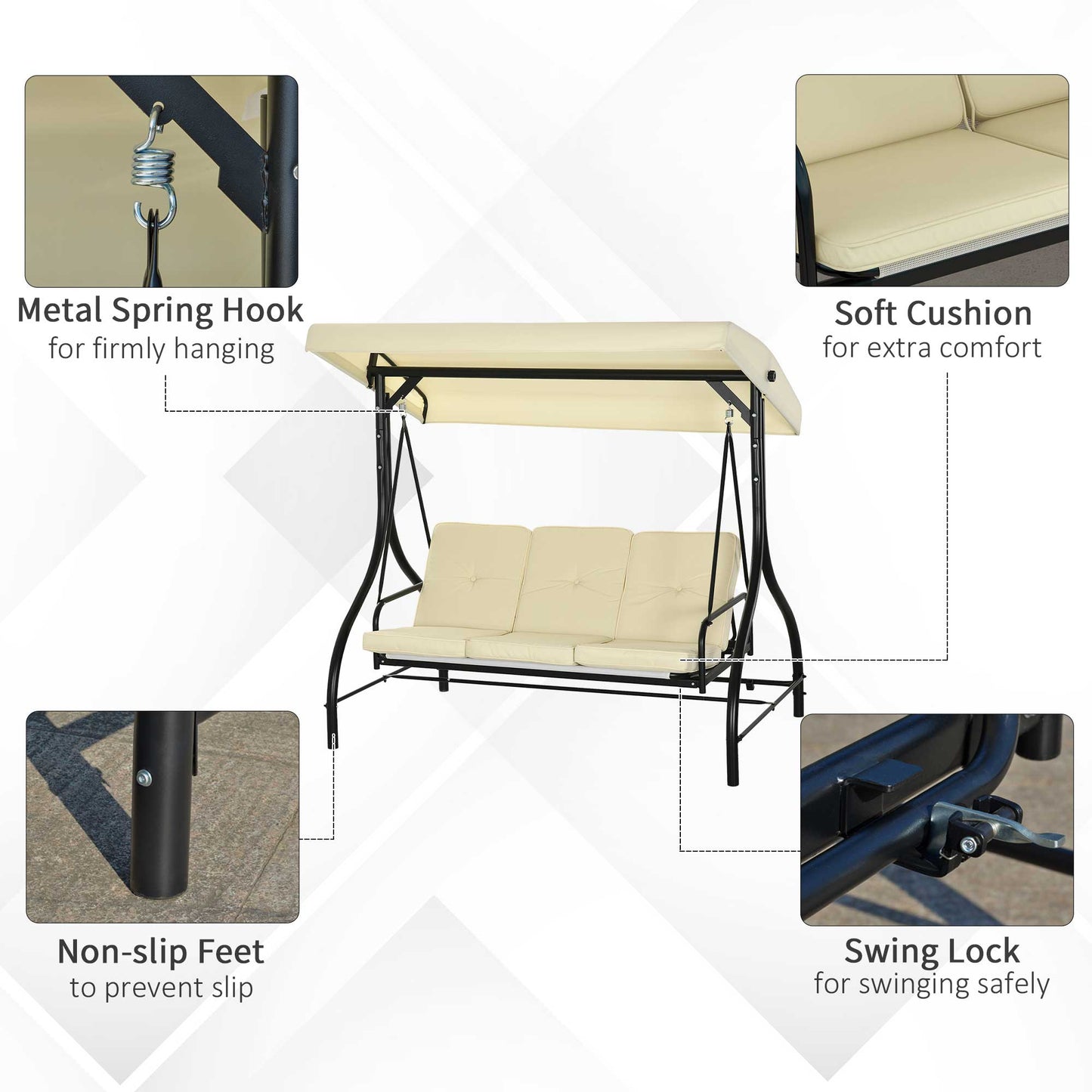 3 Seater Garden Swing with Adjustable Canopy, Metal and Teslin Fabric, Beige and Black