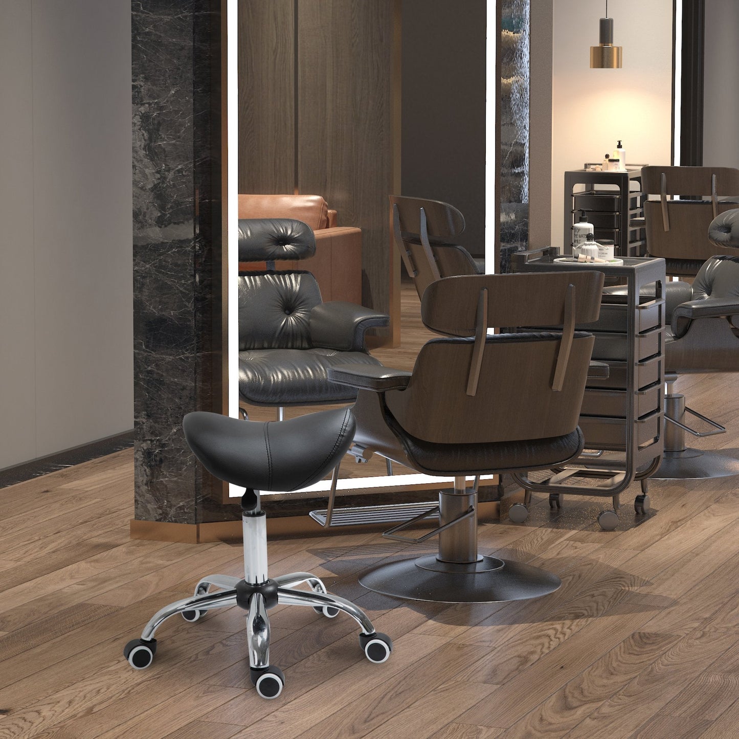 Saddle Work Stool with Wheels and Adjustable Height for Hairdressing and Tattoo Shops, 52x53x49-61cm Black