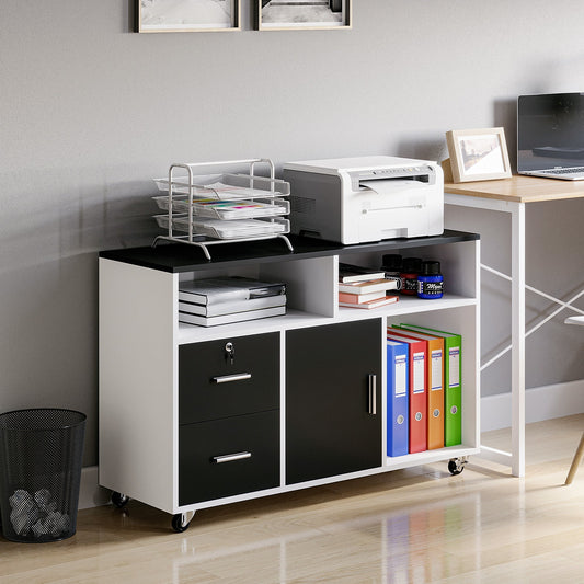 Printer Cabinet with Drawers, Multipurpose Cabinet for Office and Home, Black and White, 100x35x65cm