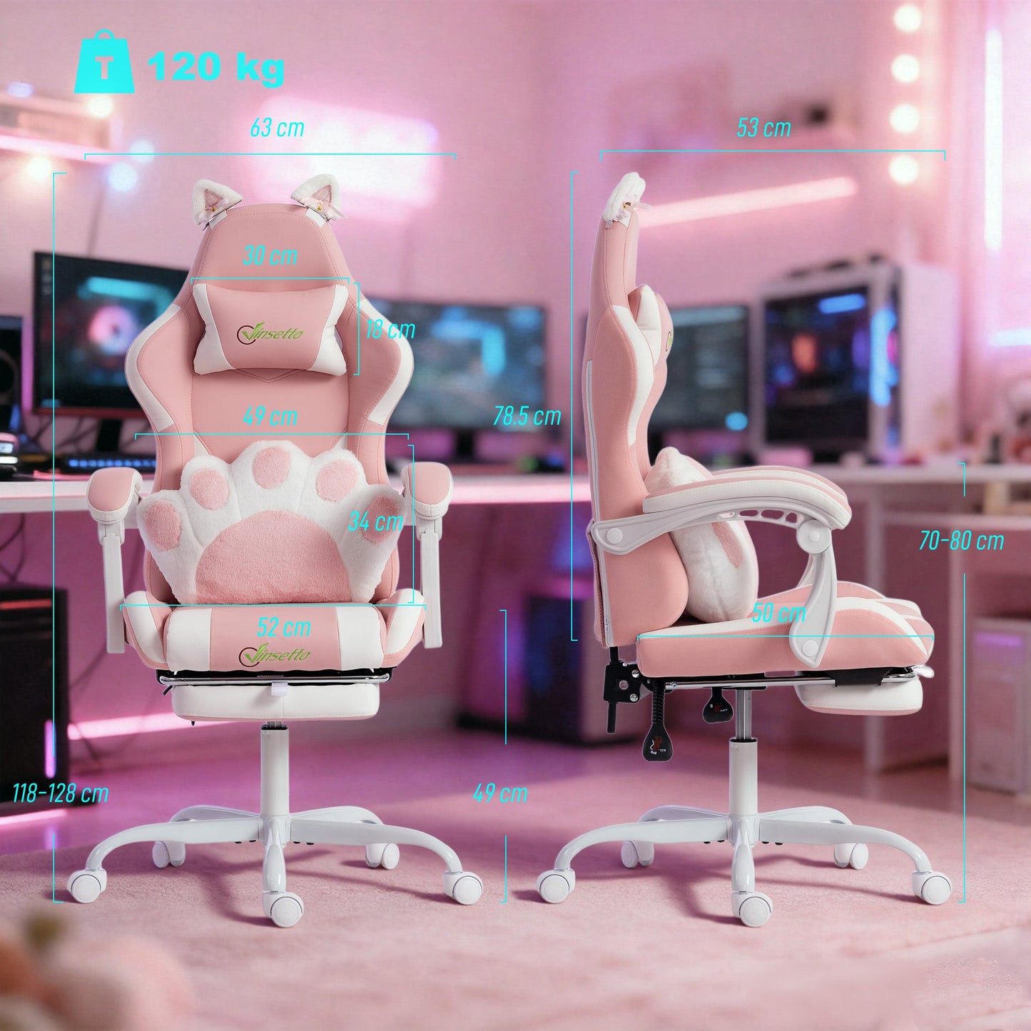 Gaming Chair Ergonomic Reclining Gaming Chair with Footrest Pink