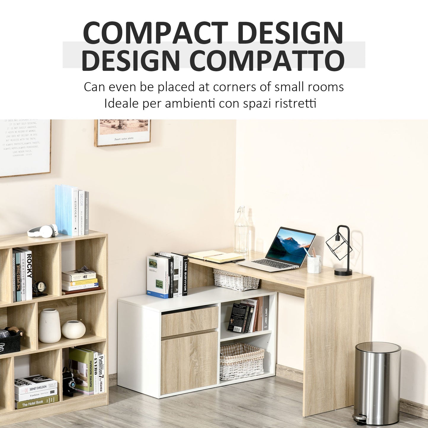 Corner Desk, Space-Saving Corner Computer Desk for Bedroom or Office, Oak and White Wood Desk