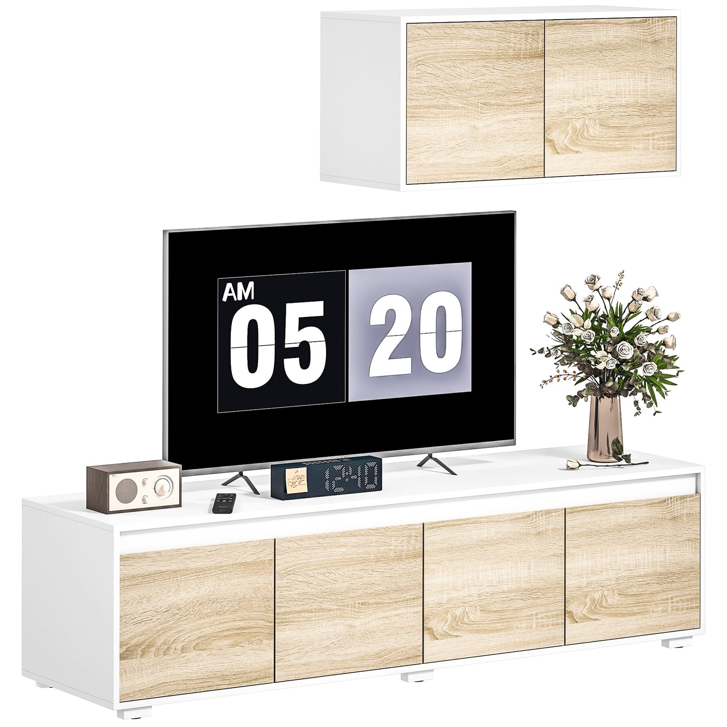 2-Piece Chipboard TV Stand, Max 70" 160x39x43 cm and Multipurpose Wall Unit 80x35x40 cm