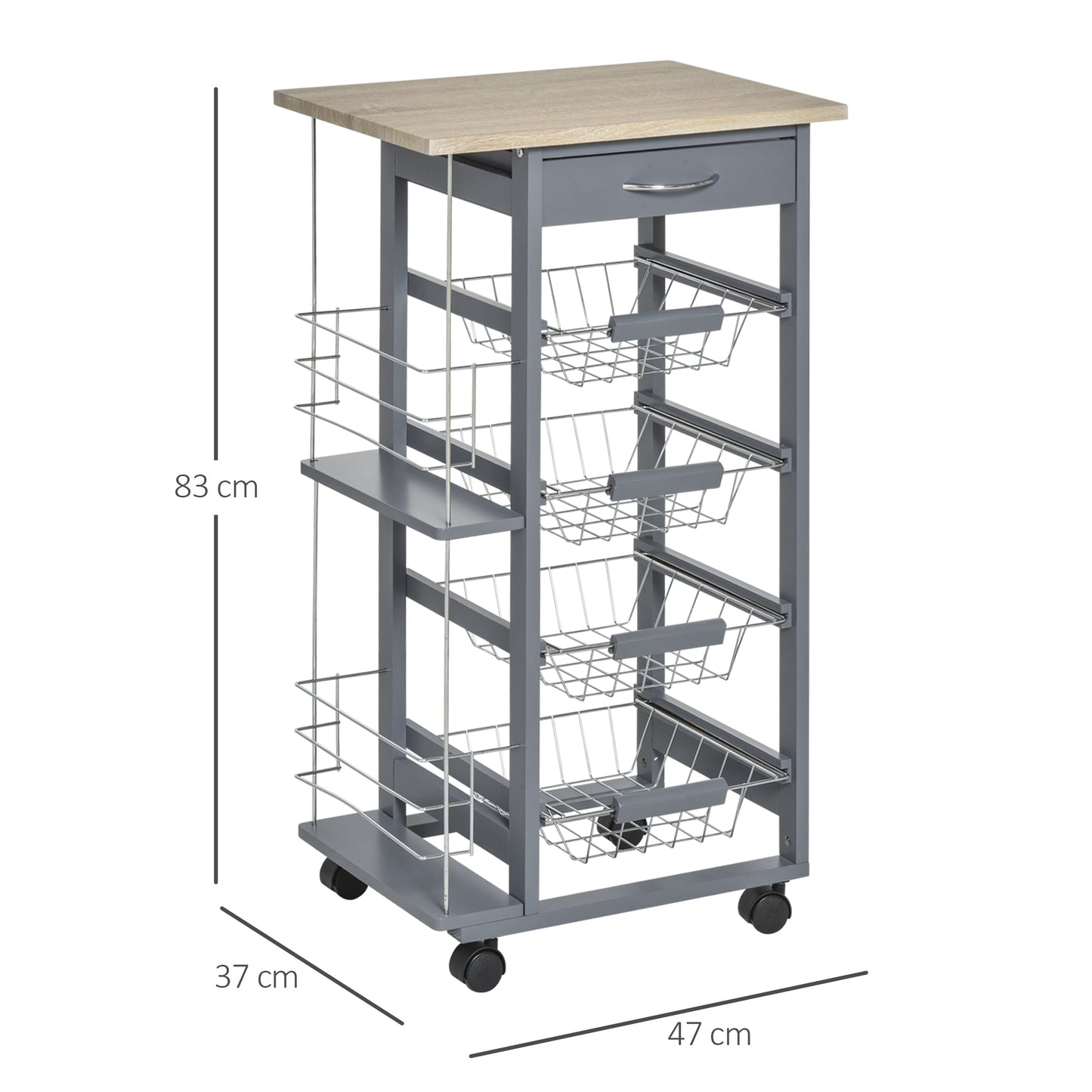 kitchen trolley in dark Grey with 1 drawer and 4 metal baskets