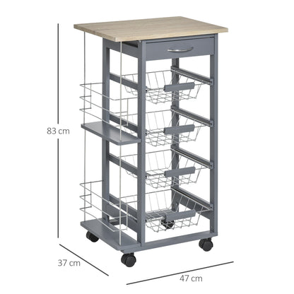 kitchen trolley in dark Grey with 1 drawer and 4 metal baskets