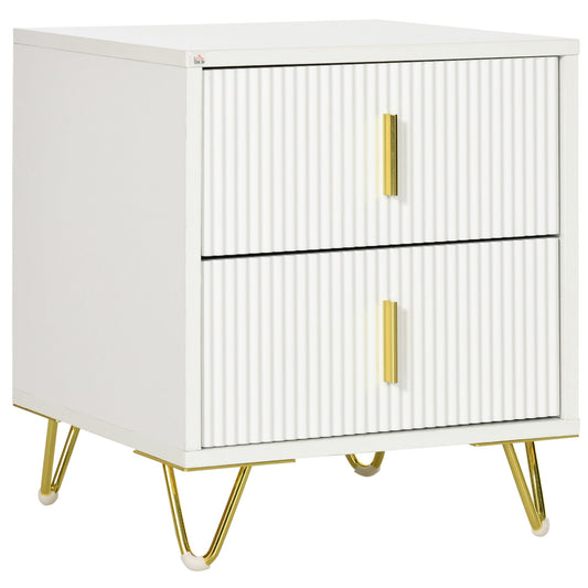 2-Drawer Wooden Nightstand with Metal Handles and Legs, 40x40x47 cm, White and Gold