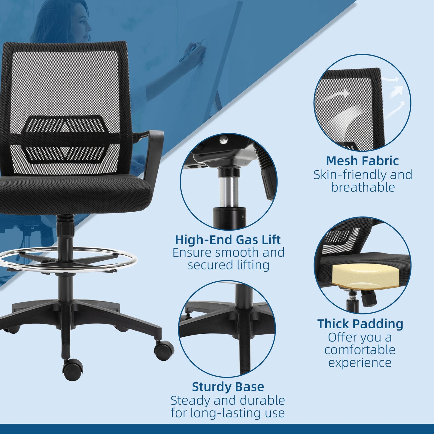 Adjustable Mesh Office Chair with Armrests and Footrest Ring, 64x59x104-124 cm, Black