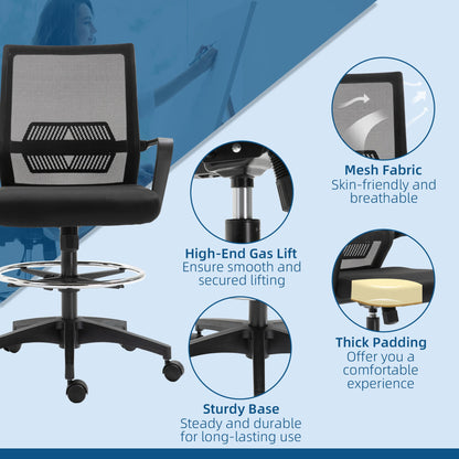 Adjustable Mesh Office Chair with Armrests and Footrest Ring, 64x59x104-124 cm, Black