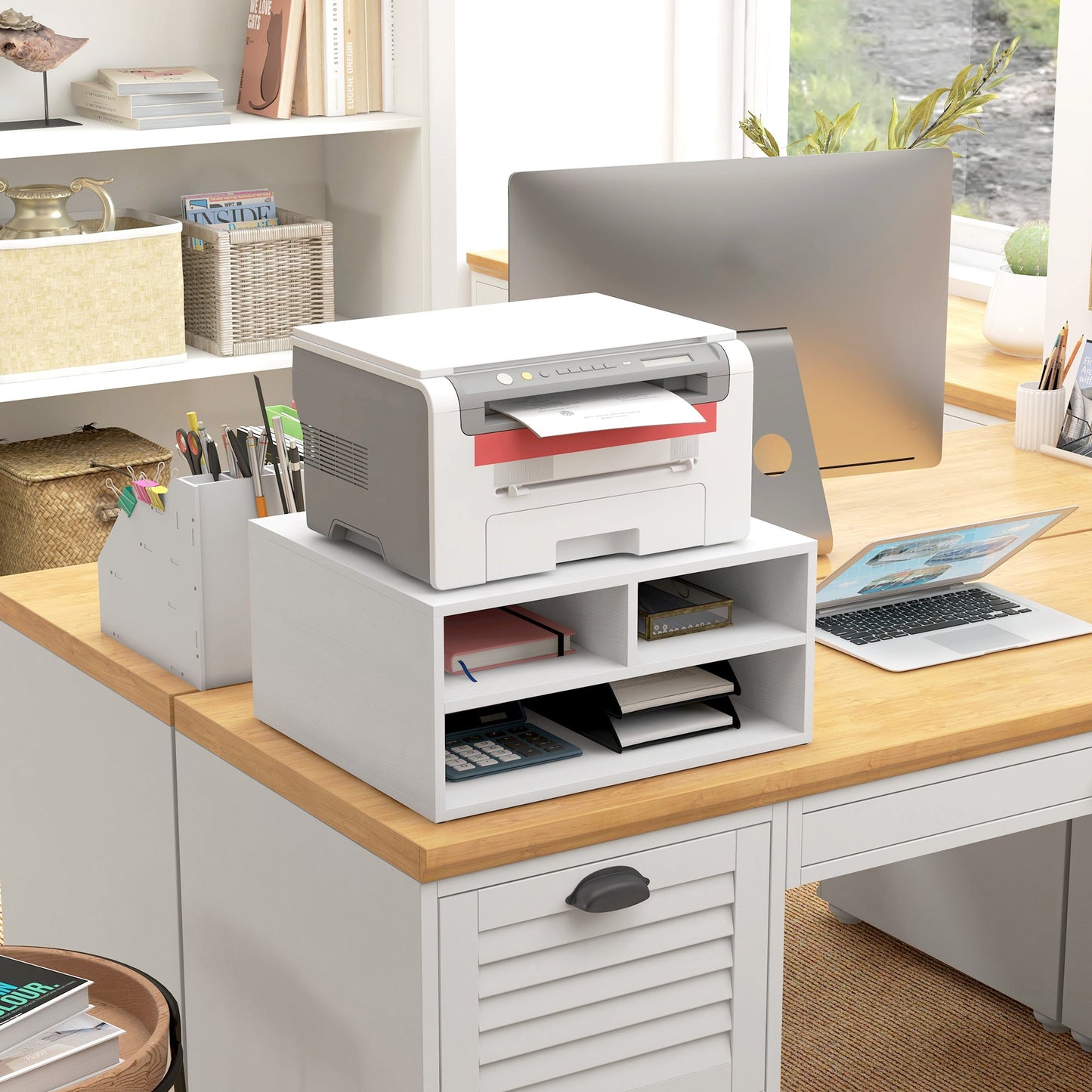 Office Printer Stand with 3 Open Shelves, 2 Levels, 47 x 40 x 22.5 cm, White