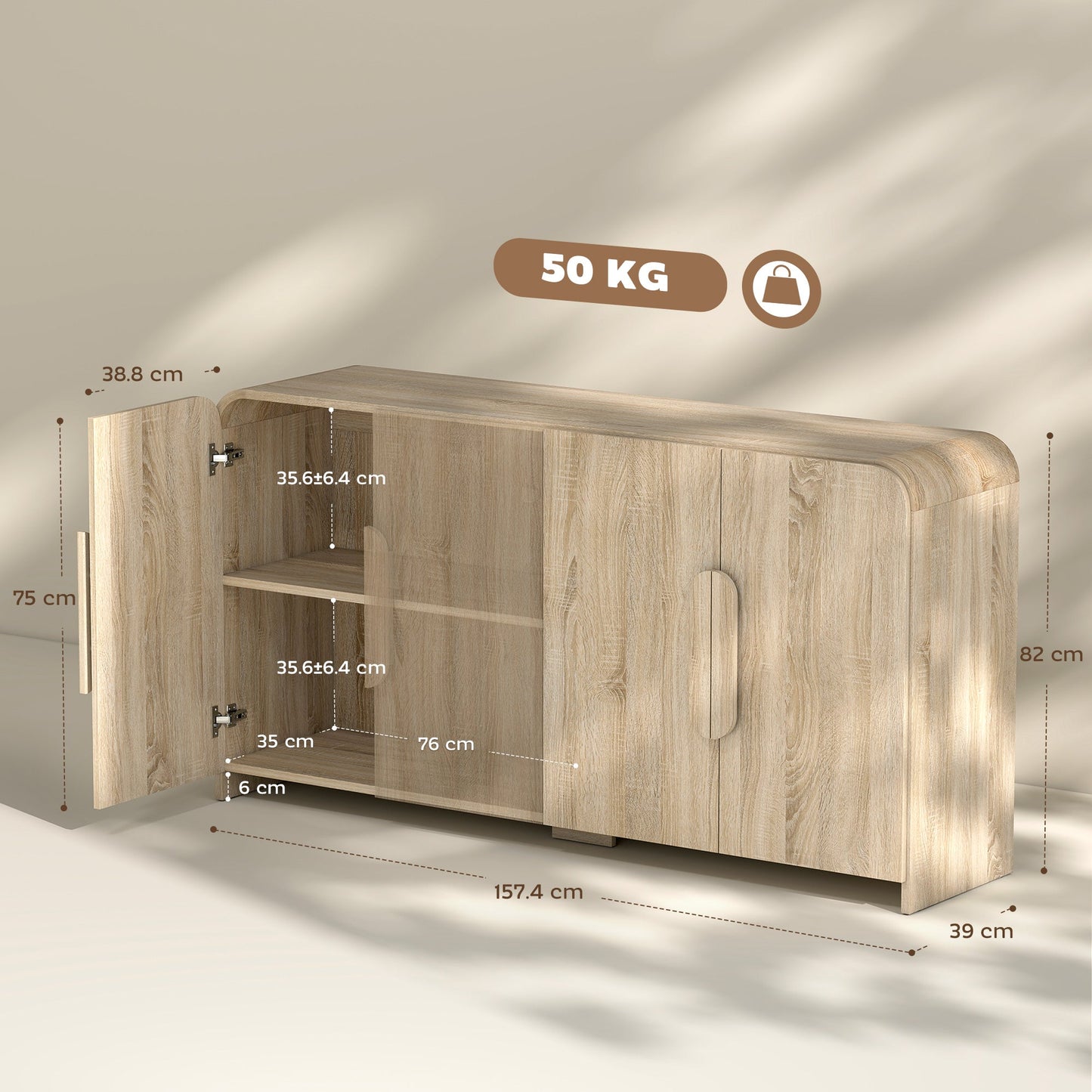 Sideboard with 2 Cabinets, Soft-Close Doors and Adjustable Shelves, 157x39x82 cm, Natural Wood