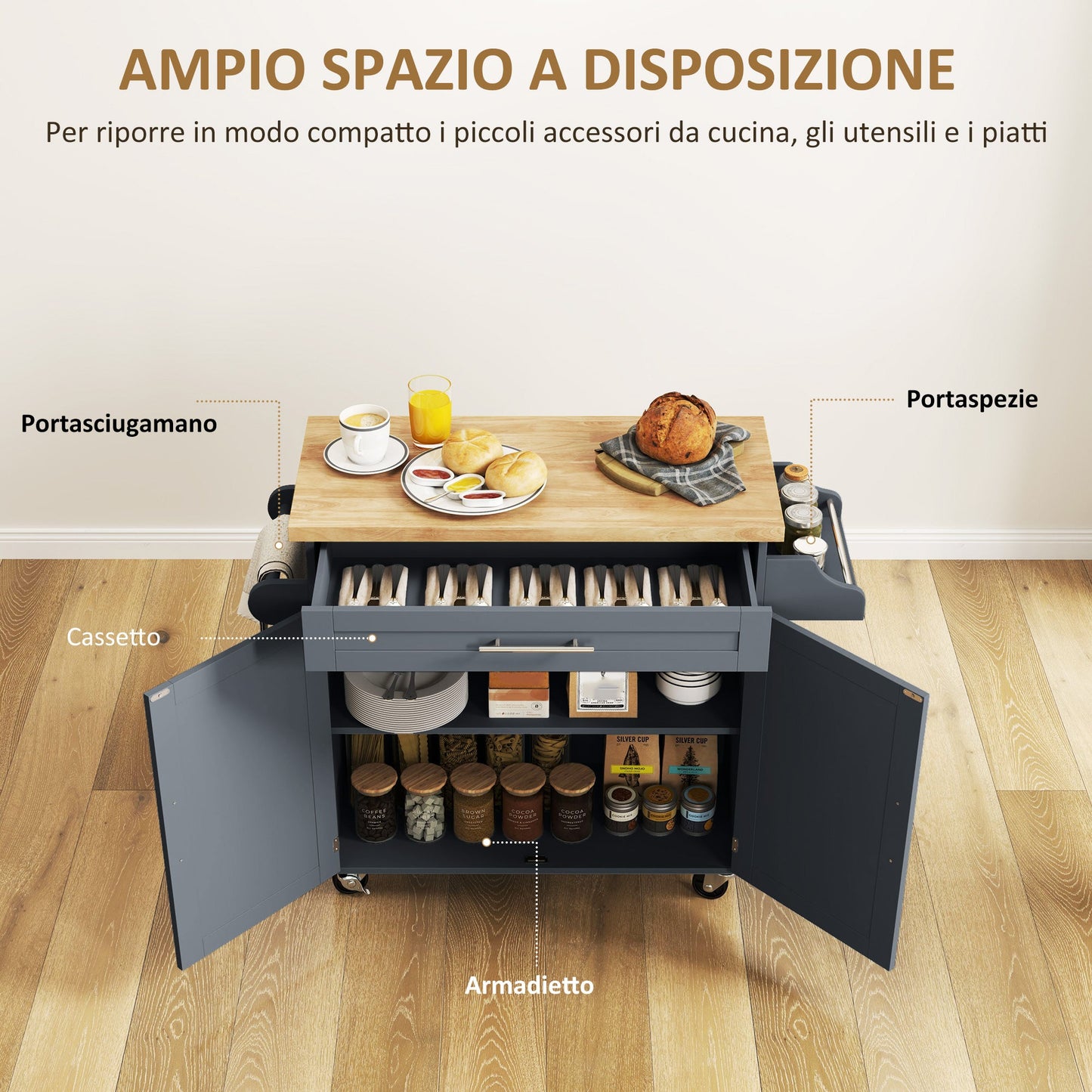 Wooden Kitchen Trolley with Drawer, Spice Rack and Cabinet, 109x40x89 cm, Grey and Wood Color