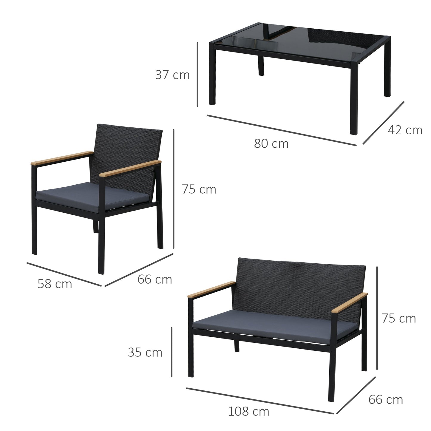 4-Piece Outdoor Lounge Set with 2 Chairs, Sofa and Coffee Table, Garden Furniture in Rattan and Black Steel