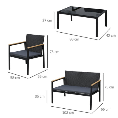 4-Piece Outdoor Lounge Set with 2 Chairs, Sofa and Coffee Table, Garden Furniture in Rattan and Black Steel