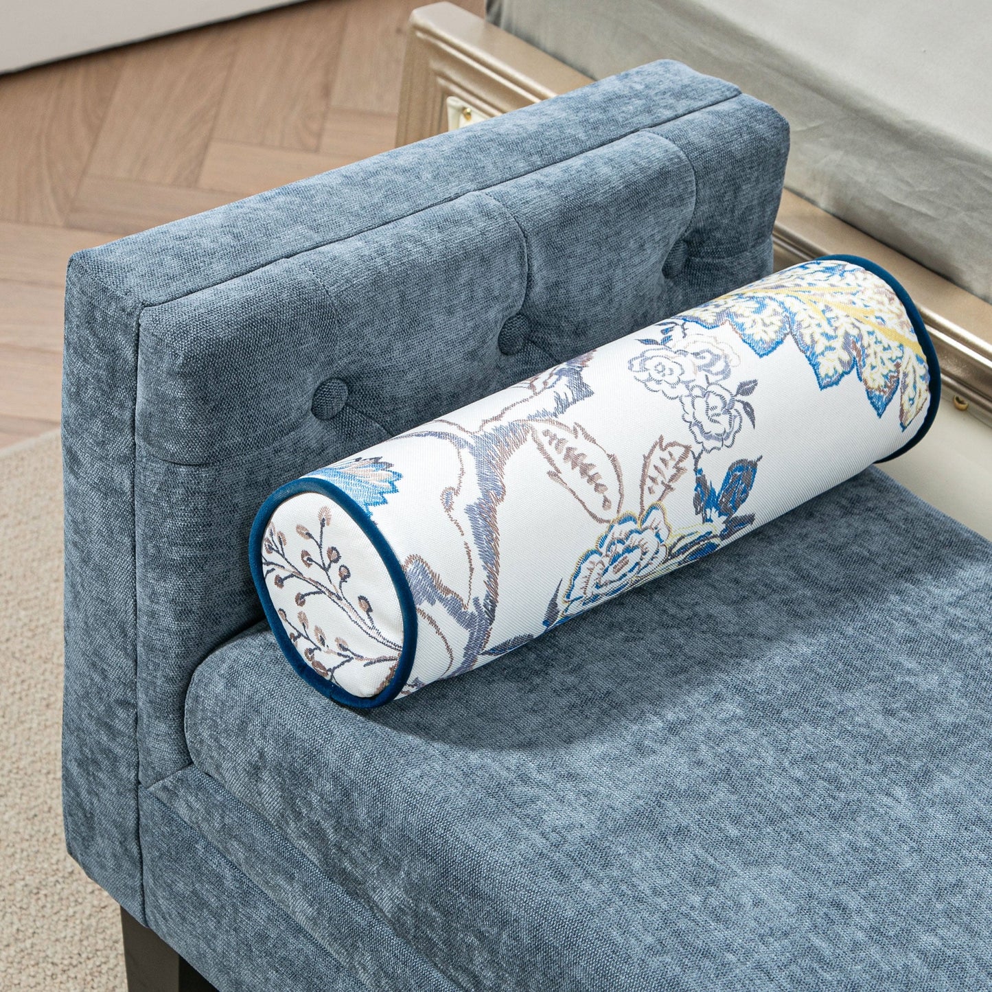 Bedside Bench with Quilted Armrests and 2 Cushions, in Chenille and Wood, 115.5x45x56 cm, Grey and Black