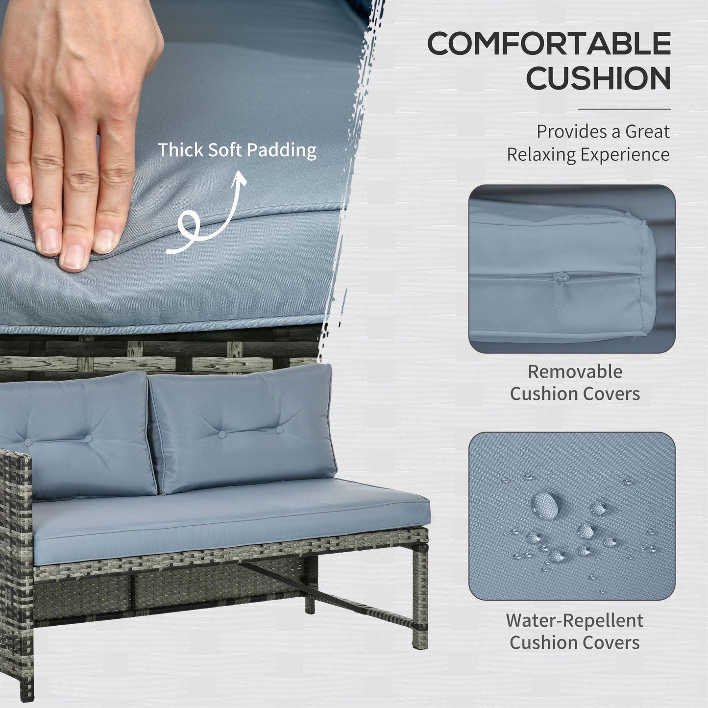 Garden Lounge Set with Sofa, Chaise Longue and Coffee Table in PE Rattan with Cushions, Grey