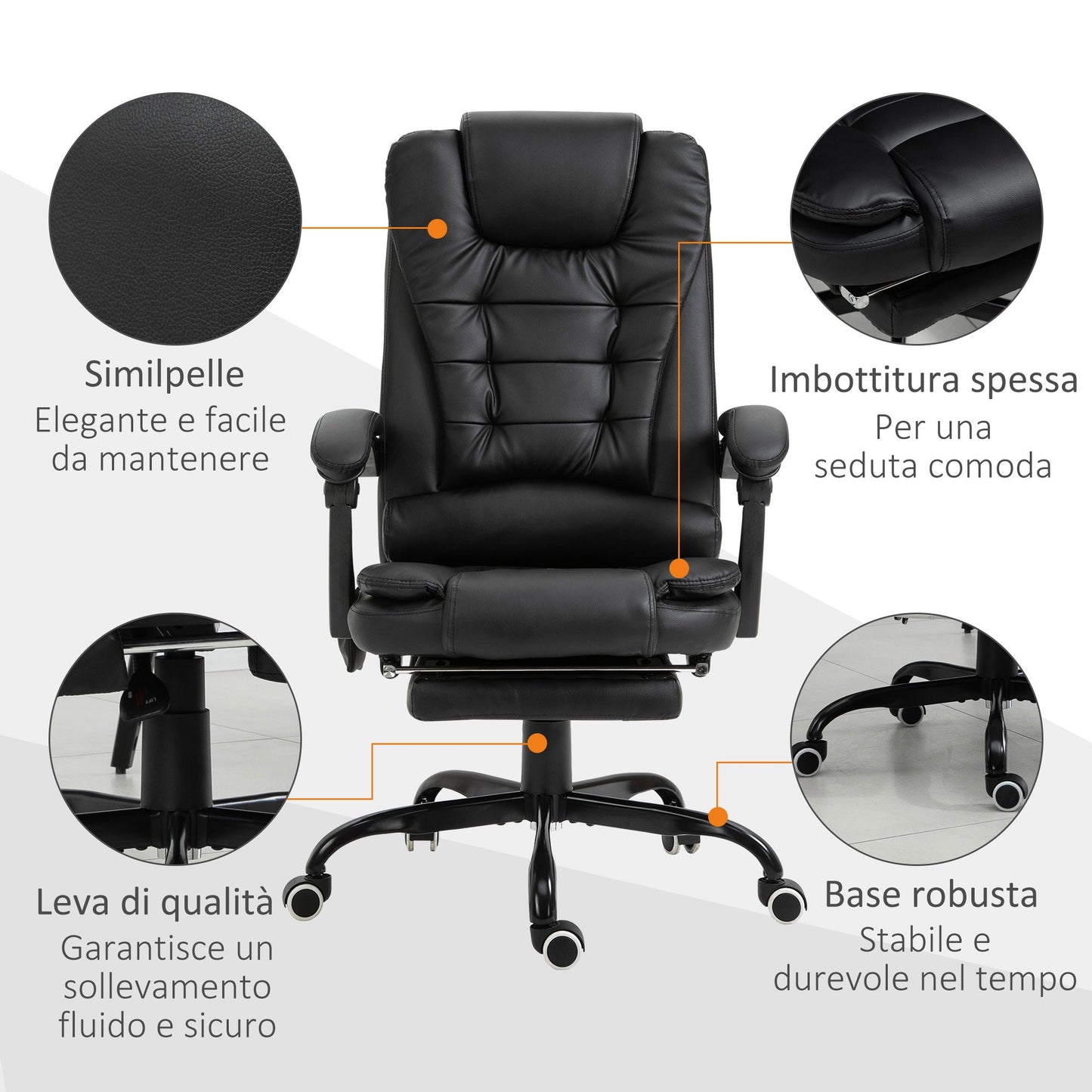 Office Chair with 7 Vibrating Points, Footrest and 155° Reclining Backrest, Black