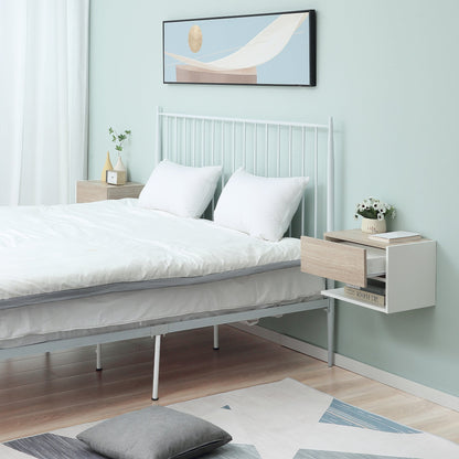 Set of 2 Wall-Mounted Bedside Tables with Drawer and Shelf, Modern Bedroom Furniture, White and Oak