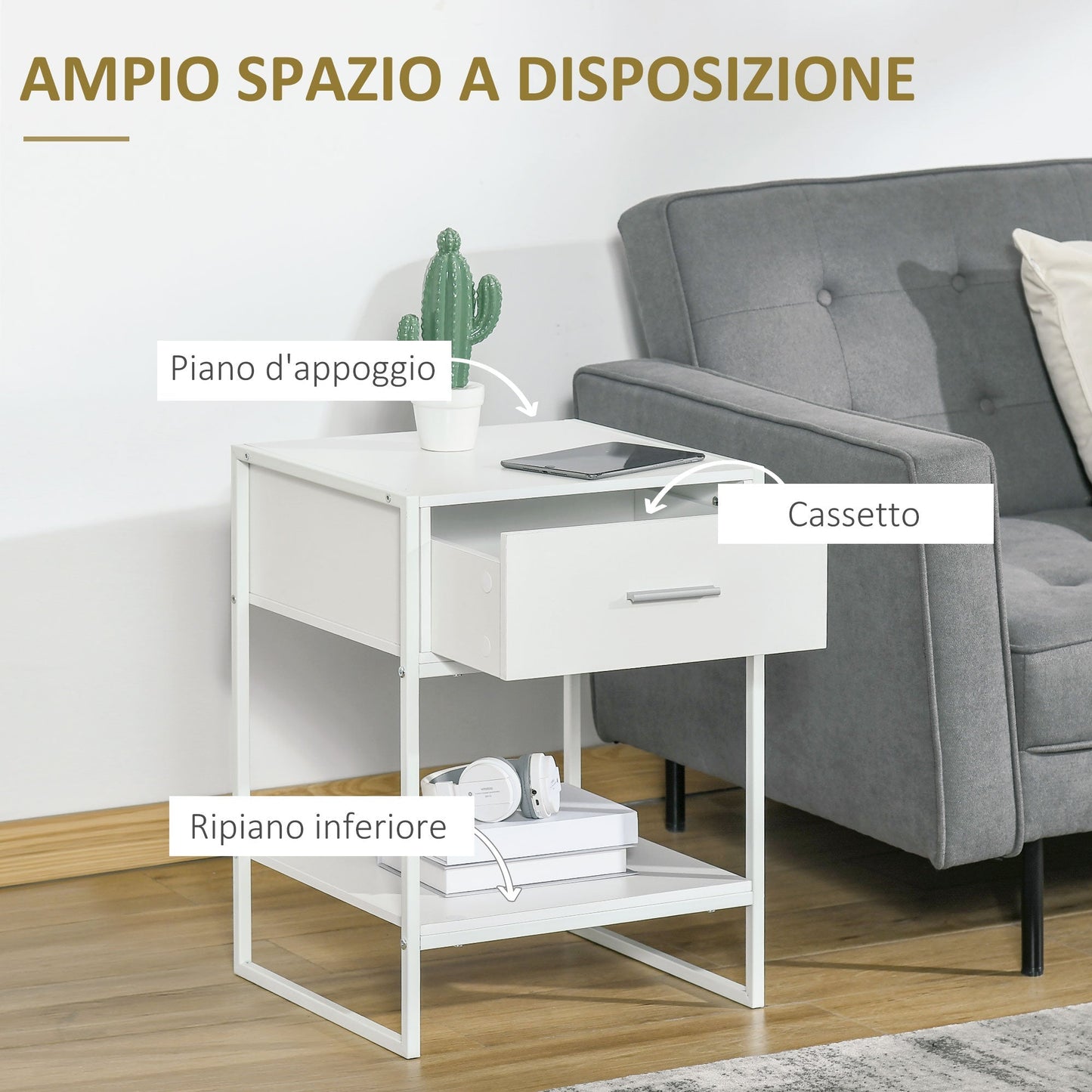 Set of 2 Modern Bedside Tables, 2 Nightstands for Bedroom and Living Room, with Drawer and Open Shelf, Modern Design, in MDF and Steel, 45x40x60cm, White