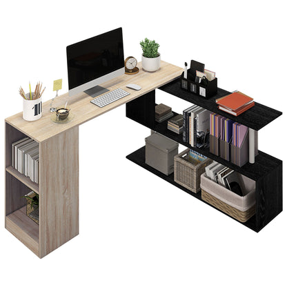 Space-Saving Corner Desk with S-Shaped Shelf, Wooden, 140x120x78 cm, Wood Color