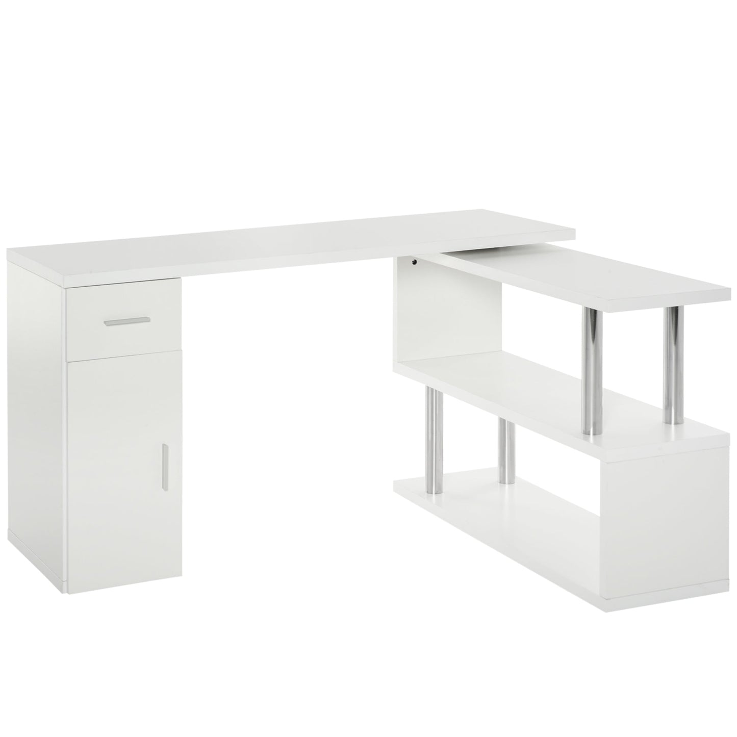 Modern Wooden Corner Desk with Drawer, Cabinet and Shelves, Office and Home Furniture, White