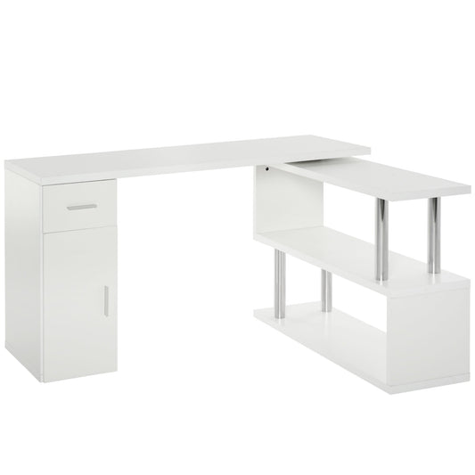 Modern Wooden Corner Desk with Drawer, Cabinet and Shelves, Office and Home Furniture, White