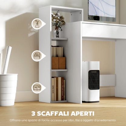 Modern PC Desk with 3 Open Shelves and Drawer, White Wood, 100x40x90 cm