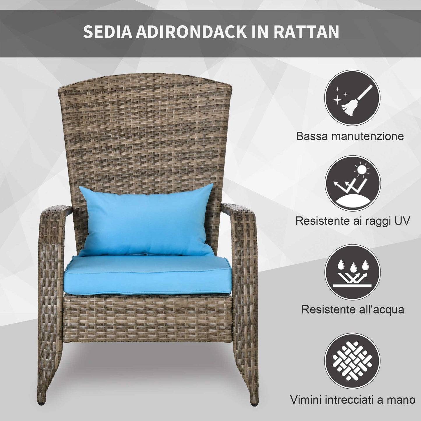 Adironrack Garden Chair with Armrests, Rattan and Steel, 64x80x90 cm, Brown and Blue