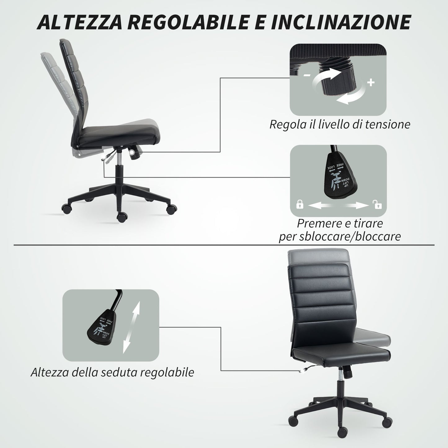 Ergonomic Office Chair with Curved Backrest, Adjustable PU Leather and Steel, 58x53x97-107 cm, Black