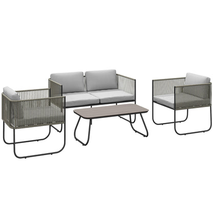 Rattan Garden Set with 2 Seater Sofa, 2 Armchairs and Glass Table, Removable Cushions, Grey