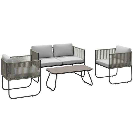 Rattan Garden Set with 2 Seater Sofa, 2 Armchairs and Glass Table, Removable Cushions, Grey