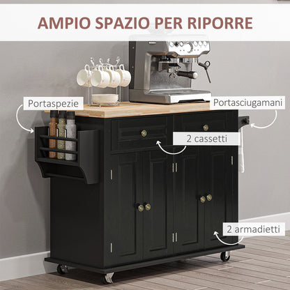 Kitchen Trolley with Drawers, Cabinets and Spice Rack, Made of Wood and MDF, 111x44.5x82.5 cm, Black