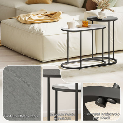 Set of 2 Stackable Coffee Tables with Metal Frame for Living Room and Office, Grey and White