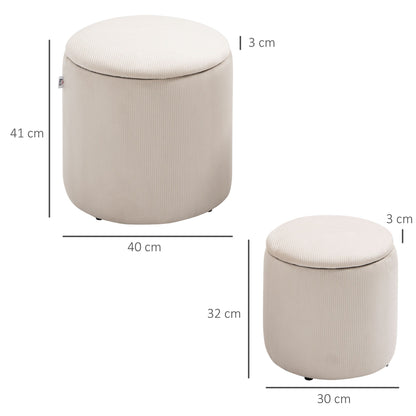 Set of 2 Round Corduroy Storage Ottomans, White