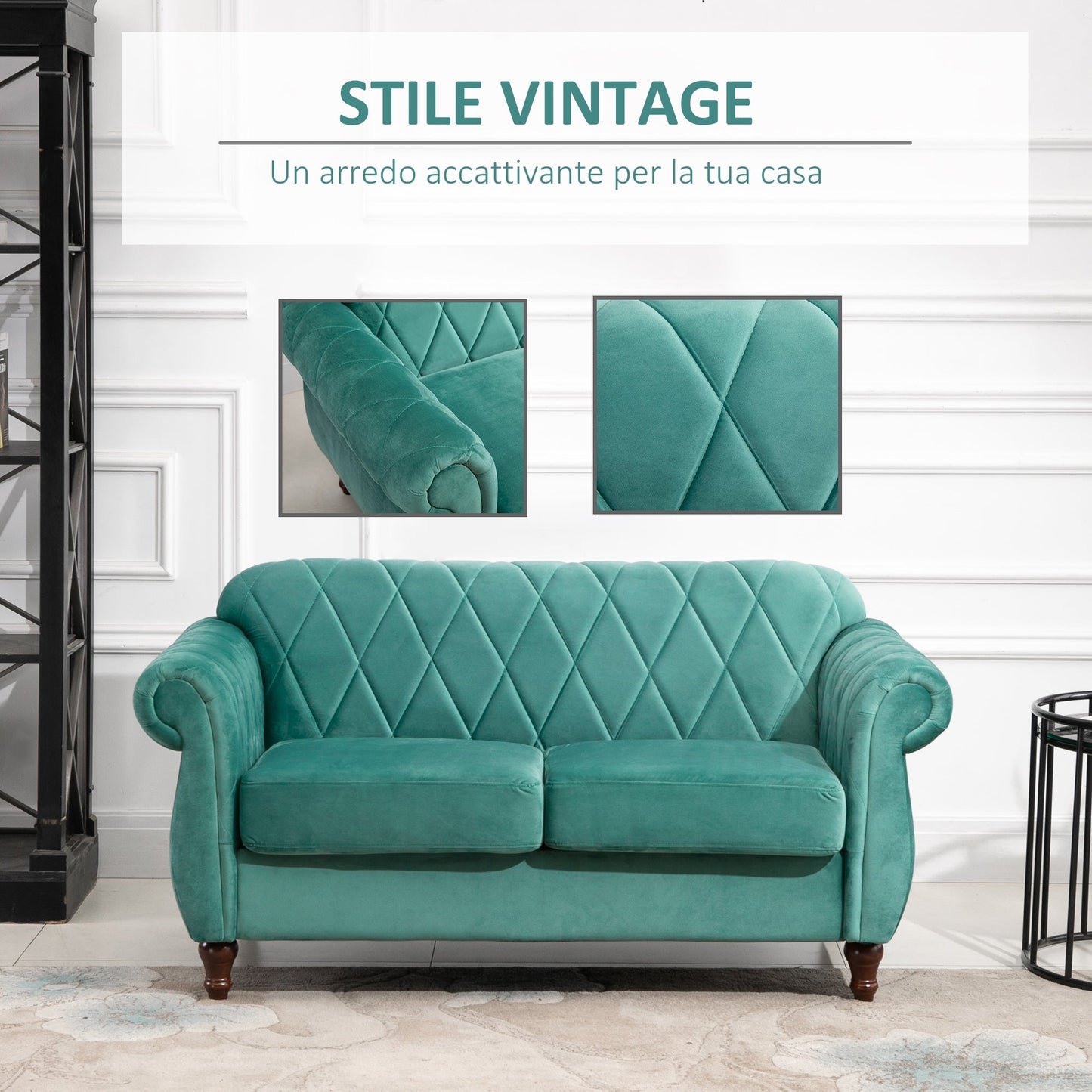 sofa 2 seats in wood rubber and green velvet Vintage design 148 x 72 x 76cm