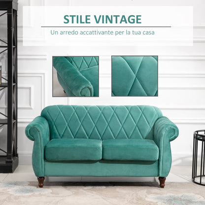 sofa 2 seats in wood rubber and green velvet Vintage design 148 x 72 x 76cm