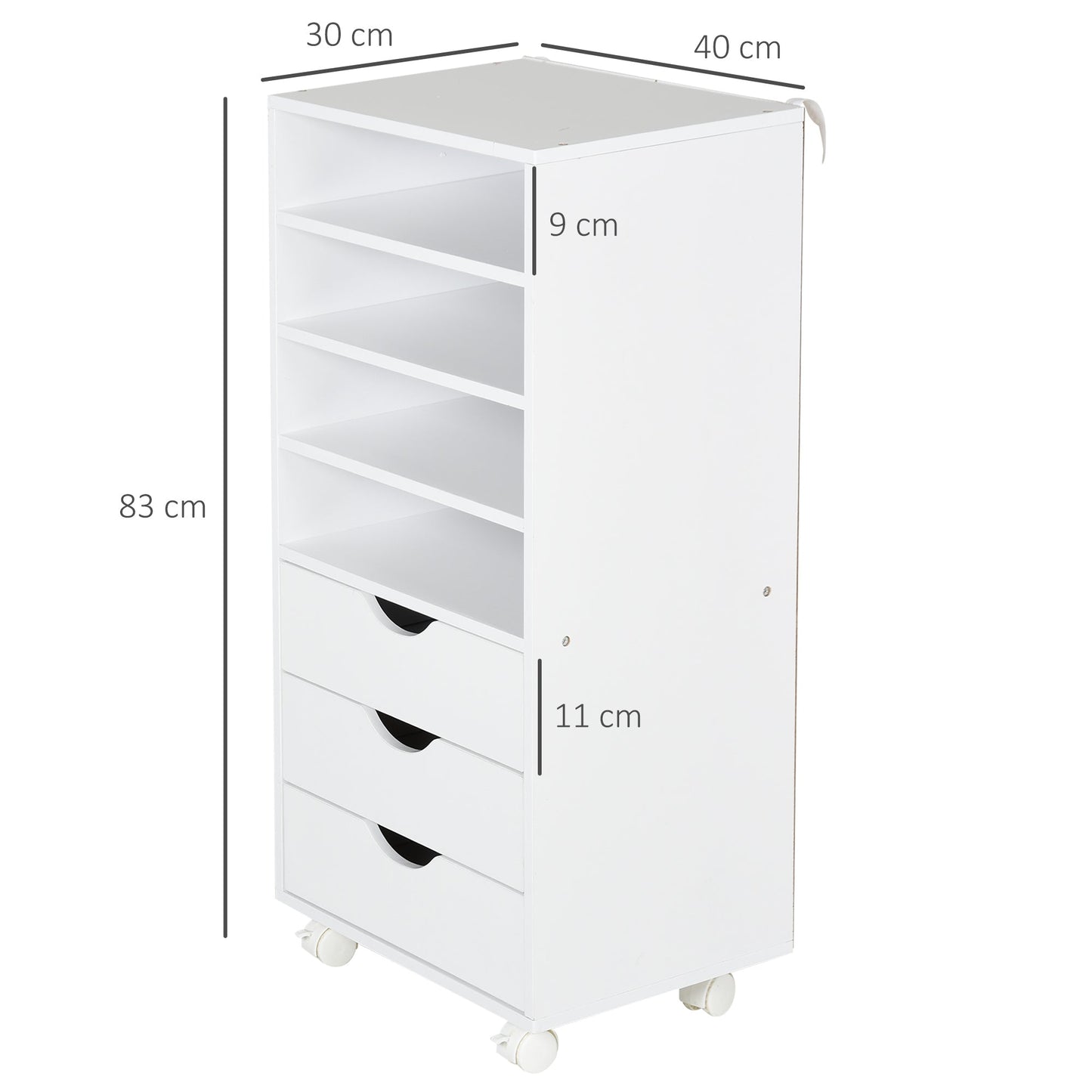 Office Drawer Unit with 4 Wheels 4 Shelves 3 Drawers, MDF Wood Document Cabinet, 38x40x86.8 cm, White