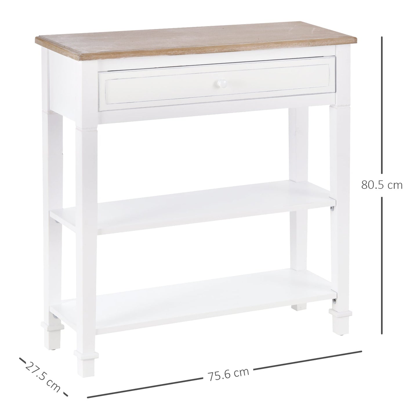 White and Wood Console Table with Drawer and 2 Shelves, Space-Saving MDF Coffee Table, 75.6 x 27.5 x 80.5cm