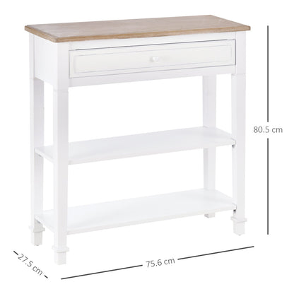 White and Wood Console Table with Drawer and 2 Shelves, Space-Saving MDF Coffee Table, 75.6 x 27.5 x 80.5cm