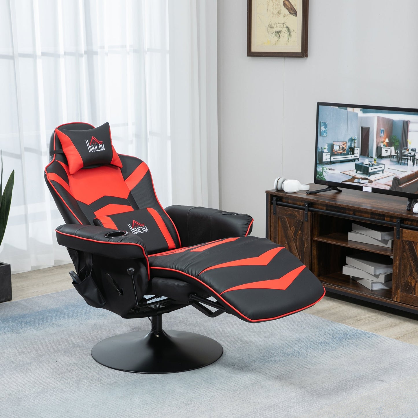 Gaming Chair with Massage, Footrest and Cushion, Faux Leather, 79.5 x 82.5 x 111.5 cm, Black and Red