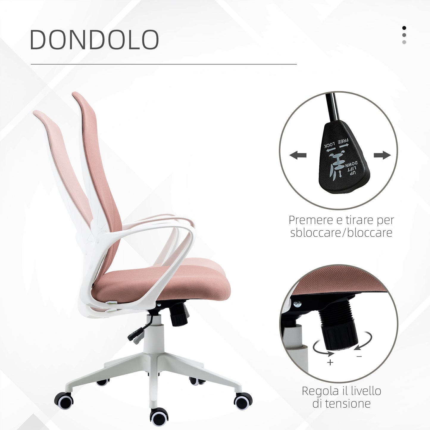 Ergonomic and Padded Office Chair with Adjustable Height and Rocking, 62x56x110-119.5 cm, Pink