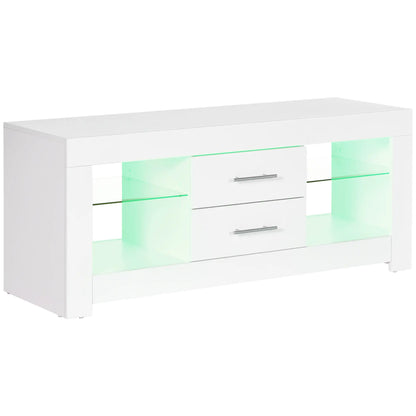55" TV Stand with 12 Color LED Lights and Remote Control, Wood and Glass 120x40x50cm, White