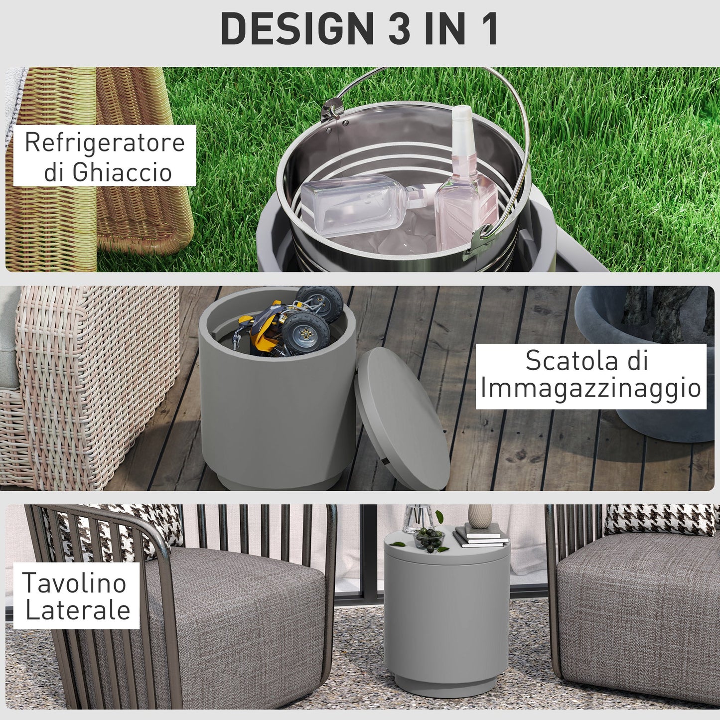 Multipurpose Coffee Table with Ice Bucket and Lid, in Concrete and Stainless Steel, Ø37.5x43.5 cm, Light Grey